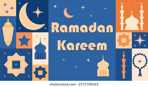 Modern modular Ramadan greeting design with crescent moon, stars, mosques, lanterns, and tasbih with Ramadan Kareem text, symbolizing Islamic culture and spirituality. Vector abstract banner