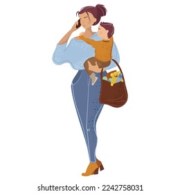 Modern mom with baby in her arms talking on the phone walking from the store with a full shopping bag vector flat illustration.Busy woman business mom with baby and phone isolated illustration