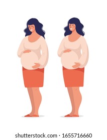 Modern mom. Pregnant woman, cute standing character for design about motherhood. Flat cartoon vector illustration isolated on white