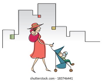 Modern mom with two little children in a wrap and in a stroller