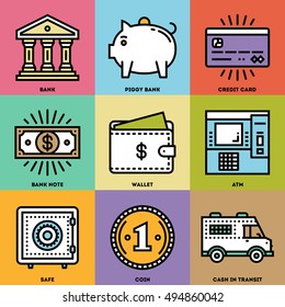 Modern Money and Banking Color Icon Set. Trendy Simple Line Design Art Vector Illustrations.