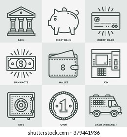 Modern Money and Banking Mono Linear Icon Set. Trendy Simple Line Design Art Vector Illustrations.