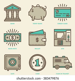 Modern Money and Banking Mono Linear Icon Set. Trendy Simple Line Design Art Vector Illustrations.