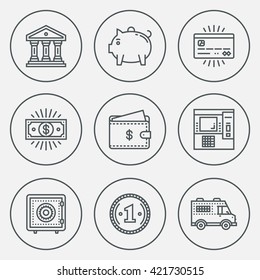 Modern Money and Banking Mono Linear Circle Icon Set. Trendy Simple Line Design Art Vector Illustrations.