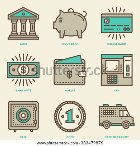Modern Money and Banking Mono Linear Icon Set. Trendy Simple Line Design Art Vector Illustrations.