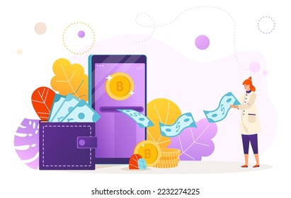 Bitcoin de dinero moderno, mujer minúscula de personaje sostiene dólar, aplicación de teléfono móvil compra criptodivisa ilustración vectorial plana, aislada en blanco.