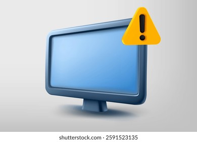 Modern monitor with exclamaion sign. Vector 3d illustration