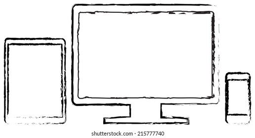 Modern Monitor With Smart Phone And Tablet In iPad Air And iPhone Style Doodle Drawing On White