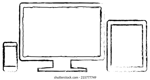 Modern Monitor With Smart Phone And Tablet In iPhone And iPad Style Doodle Drawing On White