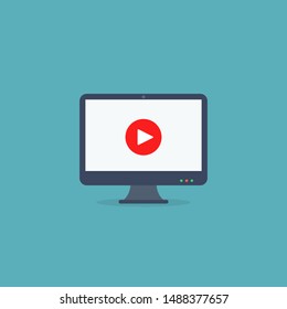 Modern monitor with video player on the screen. Vector isolated illustration.