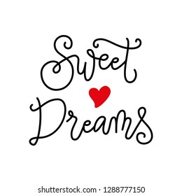 Modern mono line calligraphy lettering of Sweet dreams in black decorated with red heart isolated on white background for decoration, poster, banner, sweets, packaging, logo, gift tag, label