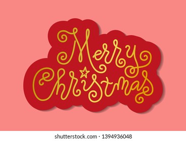 Modern mono line calligraphy lettering of Merry Christmas with star in golden with red outline on red background for decoration, poster, banner, greeting card, postcard, party, present, gift tag