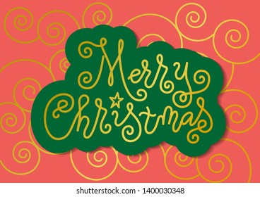 Modern mono line calligraphy lettering of Merry Christmas in golden with green outline on coral background with swirls for decoration, poster, banner, greeting card, postcard, party, present, gift tag