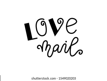 Modern mono line calligraphy lettering of Love mail in black isolated on white for decoration, poster, design elements, greeting card, valentine, Valentines day, mail, postage stamp, gift tag