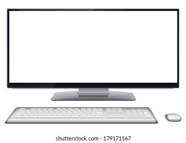 Modern monoblock desktop computer with blank white screen, silver wireless mouse and keyboard. Vector illustration, isolated on white background.