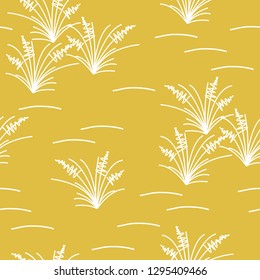 Modern monochromatic savanna, pasture inspired seamless vector pattern. Simple white grass tufts on trendy mustard yellow background.