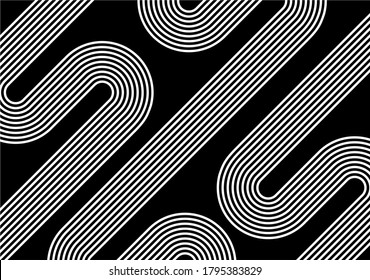 Modern monochrome abstract background of white curves parallel lines on a black background. Vector illustration