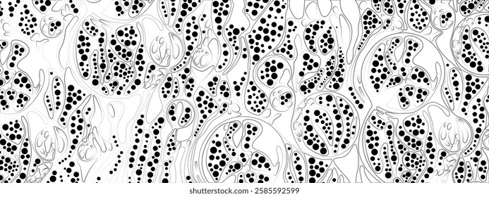 Modern monochrome abstract frame. Vector illustration featuring chaotic waves, particles, circles arranged in neuro-graphic style. Perfect for business, technology, medical presentations, posters.