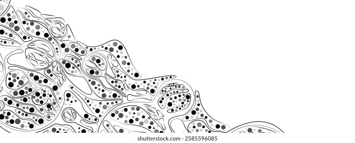 Modern monochrome abstract frame. Vector illustration featuring chaotic waves, particles, circles arranged in neuro-graphic style. Perfect for business, technology, medical presentations, posters.