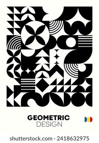 Modern monochrome abstract poster with geometric bauhaus pattern. Contemporary vector layout feature bold simple shapes and minimalist design that evoke a sense of minimalism and artistic precision