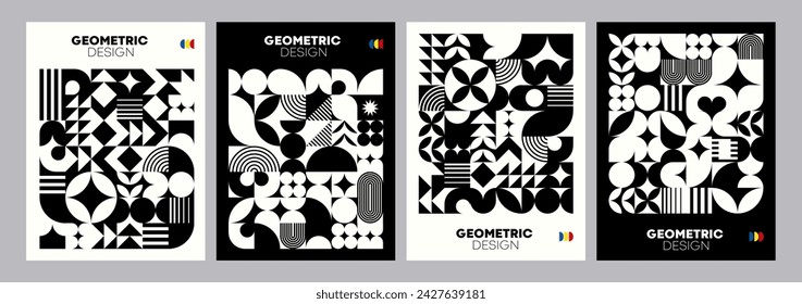 Modern monochrome abstract posters with geometric Bauhaus pattern. Contemporary vector layouts set feature simple shapes and minimalist design that evoke a sense of minimalism and artistic precision