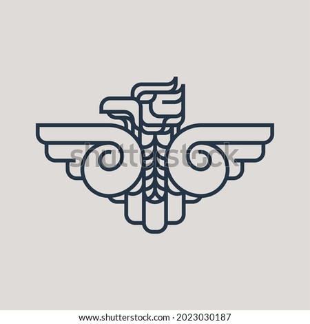 Modern, Monochrome, Geometric Cartoon Inca Bird Totem Outline Vector Logo Icon Illustration