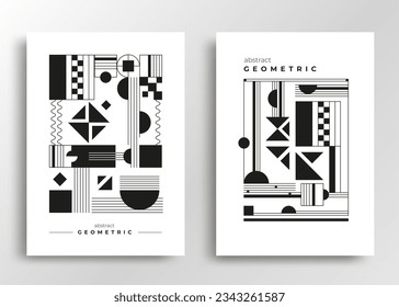 Modern monochrome geometric posters with silhouette basic shapes composition. Vector flyer