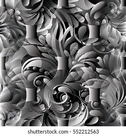 Modern monochrome grey hand drawn floral vector seamless pattern background wallpaper with 3d vintage  paisley leaves and ornate decorative luxury  geometrical abstract radial circles