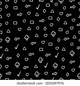 Modern Monochrome Icon Pattern: Infuse modernity into your visuals with this seamless pattern of isolated random icons. The white outlines against a black backdrop create a stylish and contemporary