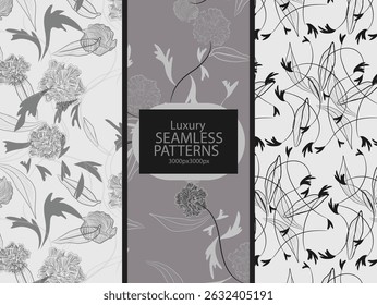 Modern Monochrome Luxury Floral  Seamless Pattern Bundle,A sleek and sophisticated bundle of modern monochrome seamless floral patterns designed for luxury branding, packaging, and contemporary decor.