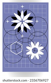 Modern monochrome poster in brutalist style. Print vector minimalistic geometric shapes, compositions of graphic elements black and white on  blue background