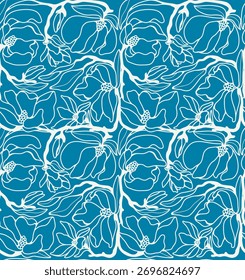 Modern monochrome seamless floral pattern with elegant white line art flowers and leaves. textile prints, fashion apparel, wallpapers, packaging, and stationery. contemporary surface design, minimal