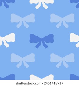 Modern monochrome seamless pattern with ribbon bow. Blue celebratory abstract background. Minimal design with wavy shapes. Repeat vector illustration