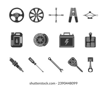 Modern Monochrome Style Car Spare Parts. Automotive Equipment Collection Vector Illustration on White Background.