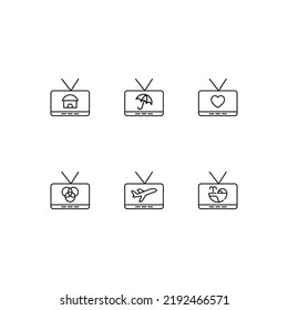 Modern monochrome symbols for web sites, apps, articles, stores, adverts. Editable strokes. Vector icon set with icon of house, umbrella, heart, intersected circles, plane, whale on tv screen  
