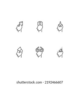 Modern monochrome symbols for web sites, apps, articles, stores, adverts. Editable strokes. Vector icon set with icon of musical note, camera, airplane, megaphone, 3d, glasses, liner over head