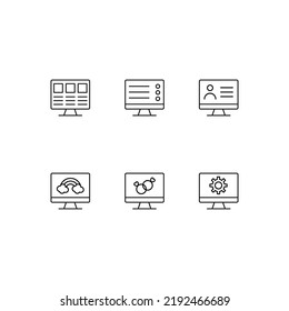 Modern monochrome symbols for web sites, apps, articles, stores, adverts. Editable strokes. Vector icon set with icon of web site, resource, social network, wedding rings, gear, cogwheel on computer 