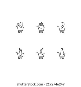 Modern monochrome symbols for web sites, apps, articles, stores, adverts. Editable strokes. Vector icon set with icon of potato, tomato, banana, eggplant, pepper, pear in shopping cart 