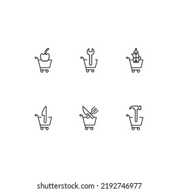 Modern monochrome symbols for web sites, apps, articles, stores, adverts. Editable strokes. Vector icon set with icon of bell pepper, wrench, teapot, knife, hammer in shopping cart 