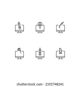 Modern monochrome symbols for web sites, apps, articles, stores, adverts. Editable strokes. Vector icon set with icon of pencil, house, kite, astronaut on computer monitor 