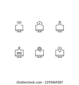 Modern monochrome symbols for web sites, apps, articles, stores, adverts. Editable strokes. Vector icon set with icon of wifi waves, cloud storage, user avatar, medical cross, geotag sign on computer 