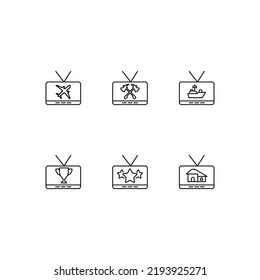 Modern monochrome symbols for web sites, apps, articles, stores, adverts. Editable strokes. Vector icon set with icon of axes, plane, warship, winner cup, stars, private house on tv screen  