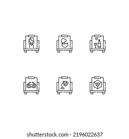 Modern monochrome symbols for web sites, apps, articles, stores, adverts. Editable strokes. Vector icon set with icon of woman, egg, wine, glass, lamp, cube on canvas 
