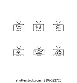 Modern monochrome symbols for web sites, apps, articles, stores, adverts. Editable strokes. Vector icon set with icon of frying pan, fast food, lamp, coat hanger, rainbow on tv screen  