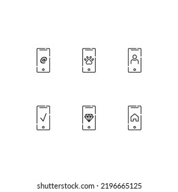 Modern monochrome symbols for web sites, apps, articles, stores, adverts. Editable strokes. Vector icon set with icon of at sign, paw, user, checkmark, diamond, home on phone display 