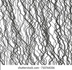 Modern monochrome vector linear background with streams of cybernetic pathways. Contemporary random geometric texture. Backdrop with array of irregular lines. Element of design.