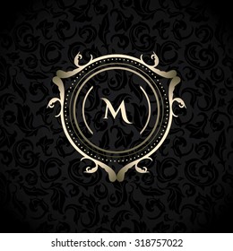 Modern monogram, emblem, logo design template. Vector frame, seamless black floral background