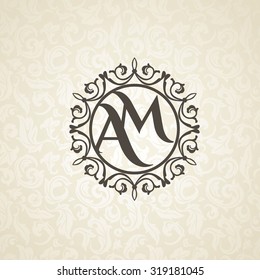 Modern monogram, emblem, logo design template. Vector frame, seamless beige floral background