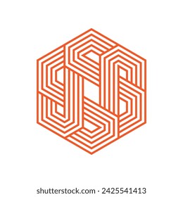 Monograma moderno, emblema, logotipo. Hexágono, cubo de las franjas paralelas.