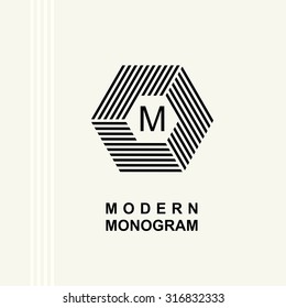 Modern Monogram, Emblem, Logo. Hexagon, Cube Of The Parallel Stripes.